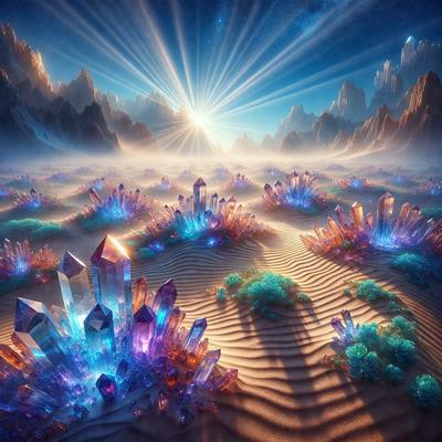 The primary subject of the image is a group of crystals, which are purple and blue in color. They are placed in a sandy environment, giving the scene a natural and serene atmosphere. The visual style of the image is digital art, as it appears to be a computer-generated or digitally rendered scene. The dominant colors of the image are purple and blue, which are prevalent in the crystals and the sandy background.